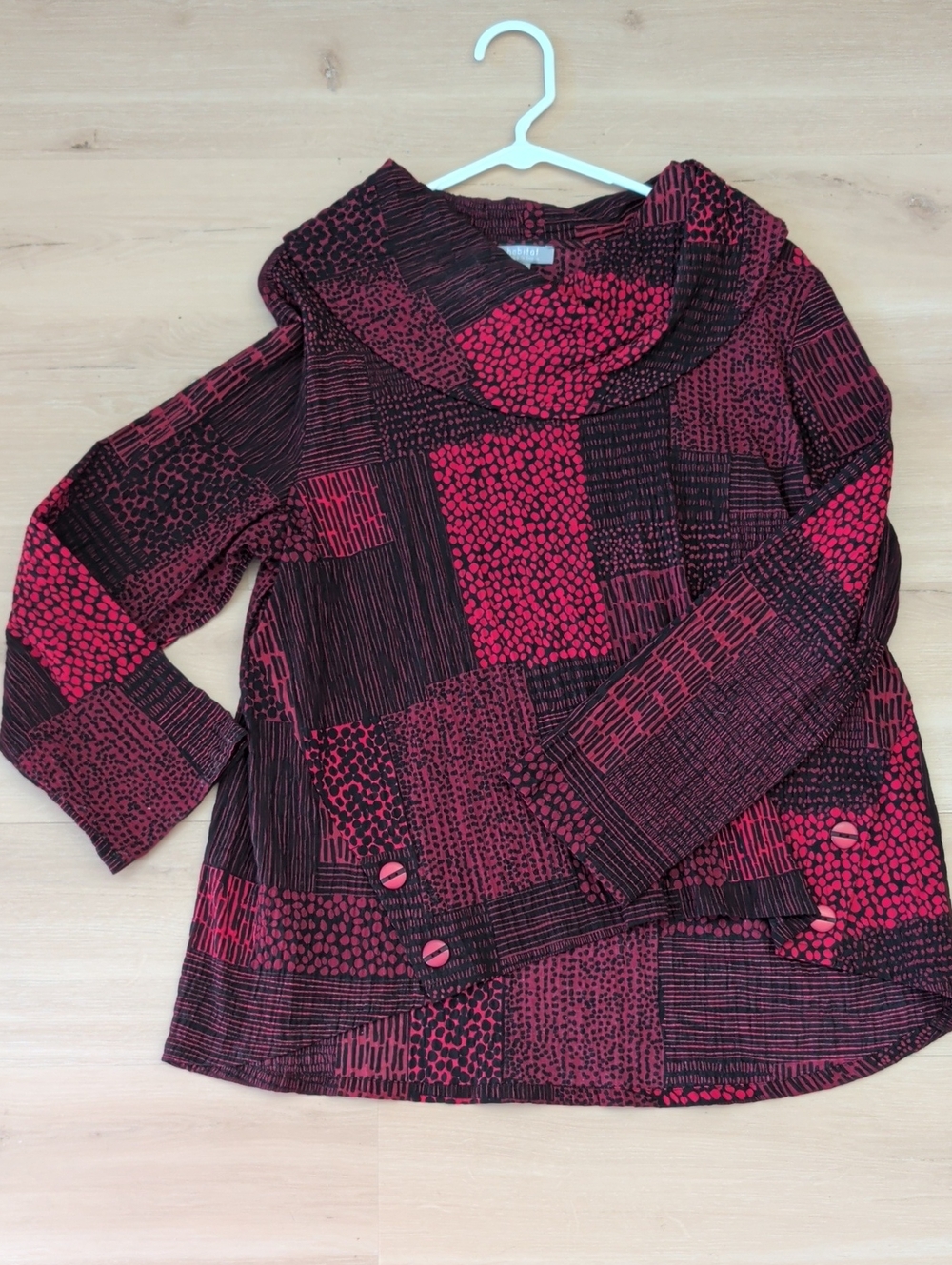 Women's Red Patchwork Funnel Neck Top